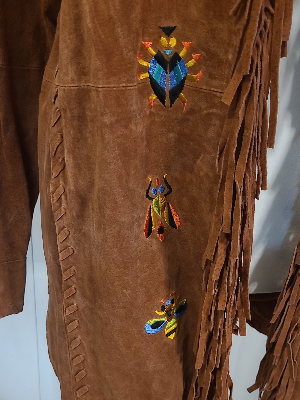 Bob Mackie Fringed Suede Bug Embroidered Brown Jacket - Picture 3 of 10